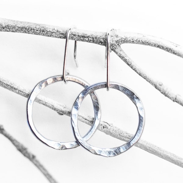 Ring of ice (sm)- sterling silver dangle, hammered ring earrings with a brushed finish