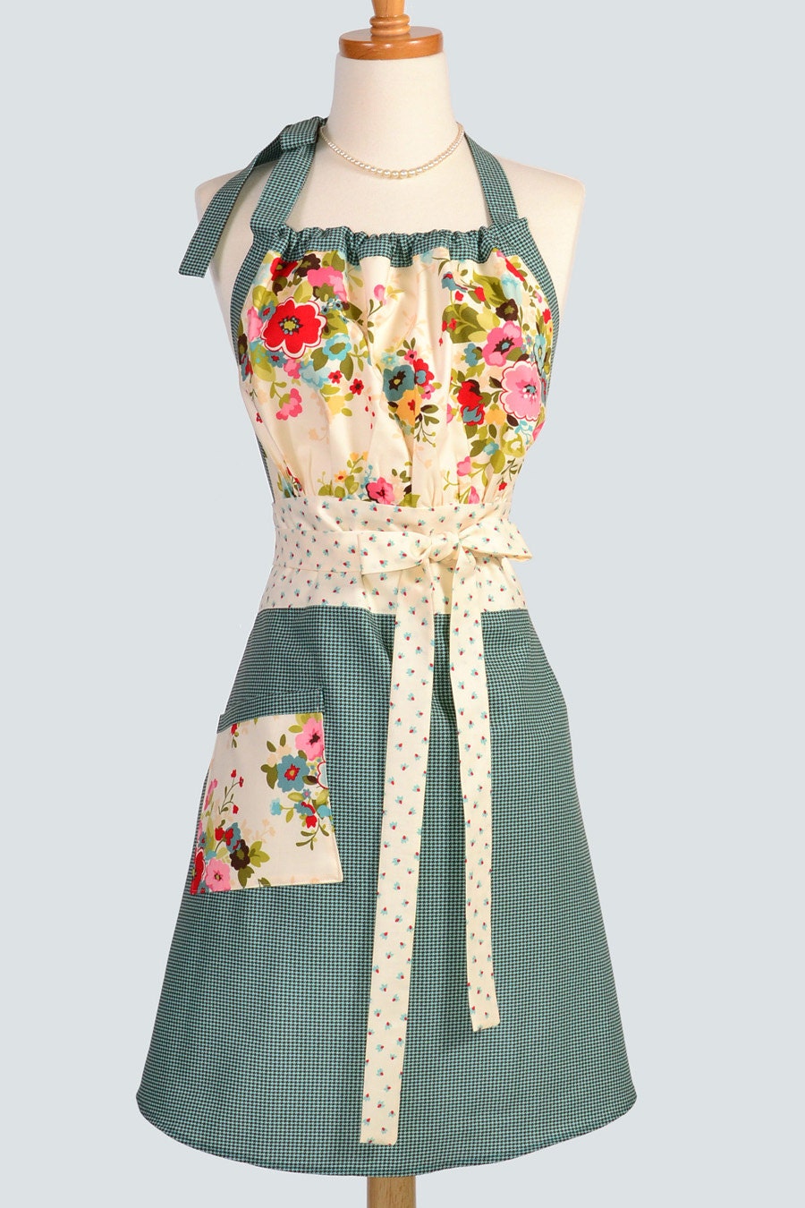 Cute Kitsch Retro Apron / Retro Womens Apron in Moda Sophie Turquoise Brown Houndstooth and Creamy Florals Full Length