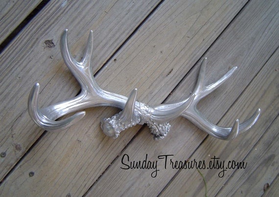 CLEARANCE SALE Metallic Silver Chrome / Faux / Deer Antlers Mount / Rustic Wall Decor. Faux Taxidermy Hook Rack.