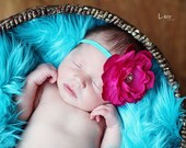 Baby Headband-Shabby Chic Collection- Hot Pink Flower on Itty Bitty Soft Stretch Elastic Headband- Newborn- Toddler- Photo Prop