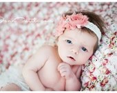 Set- Ruffle Bum Baby Bloomer and Inspired Vintage Shabby Chic Frayed Flower Pearl Center on Lace Stretch Headband-