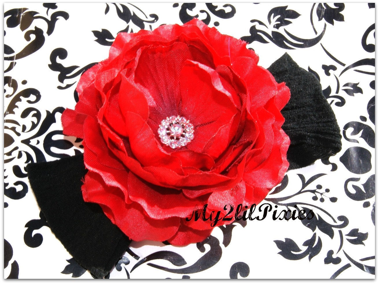 Baby Headband Beautiful Boutique Flower Rhinestone Center With Black Interchangeable Nylon Headband - Photo Prop