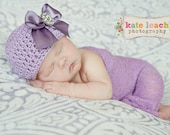 20% OFF SALE - Organic Cotton Beanie Hat - Lavender Purple Hat with Satin Bow and Rhinestone - Fancy Newborn Photo Prop
