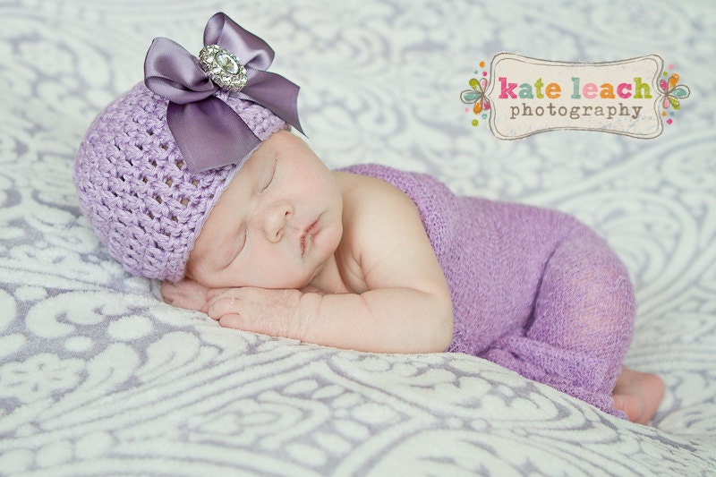 20% OFF SALE - Organic Cotton Beanie Hat - Lavender Purple Hat with Satin Bow and Rhinestone - Fancy Newborn Photo Prop