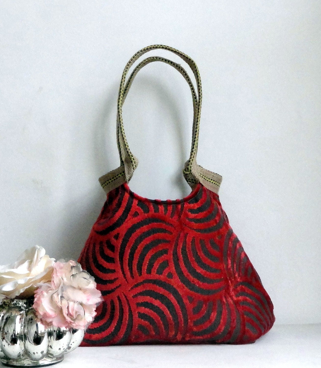 Purse Hand Bag Red swirly tapestry hobo bag with burlap  HIGH FASHION 2013