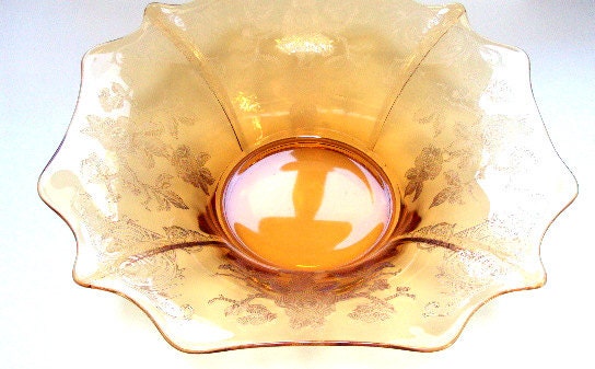 Vintage Cambridge Apple Blossom Bowl, RARE 1936 Etched Elegant Amber Glass Flare Bowl     SALE    I take Credit Cards