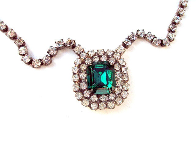 Vintage Rhinestone and Glass Choker, Necklace, cr. 1930s, Estate Collection, Large Green Stone , Pendant RESERVE for Di/sold