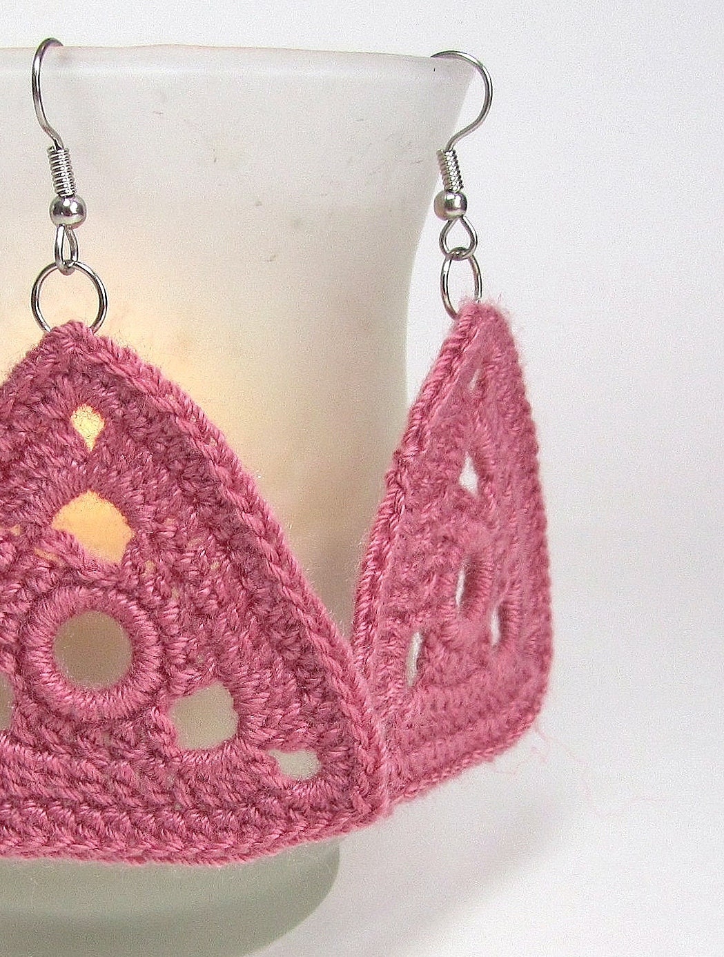 Triangle Earrings Raspberry Rose Geometric Dangle Crochet Jewelry Fashion Jewellery Doily Earrings Handmade by Lilena
