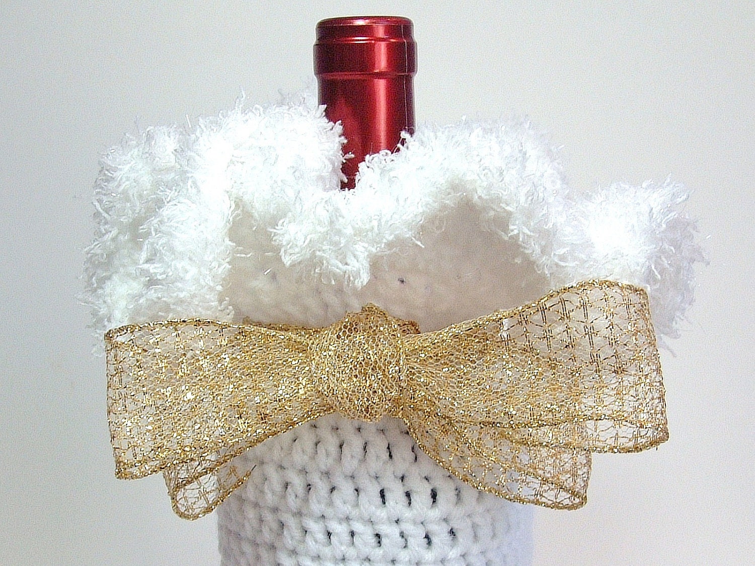 Wine Cozy Gift Bag Hostess Present Glittery Snow White Furry Ruffle Sparkling Gold Ribbon Holiday Bottle Champagne Sleeve New Year Cozee