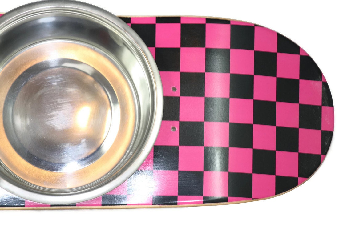 Raised Dog Feeder - Pink Checker made out of a skateboard deck