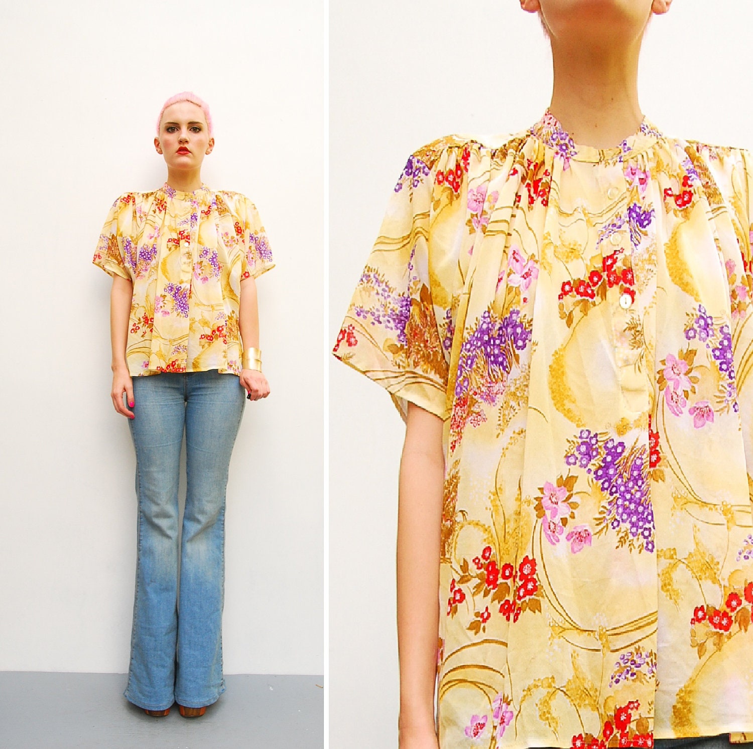 70s Blouse - Sheer Oriental Floral Print Top - Batwing Flutter Dolman Sleeves - 1970s Boho Hippie Draped Blouse - Spring Fashion - S M
