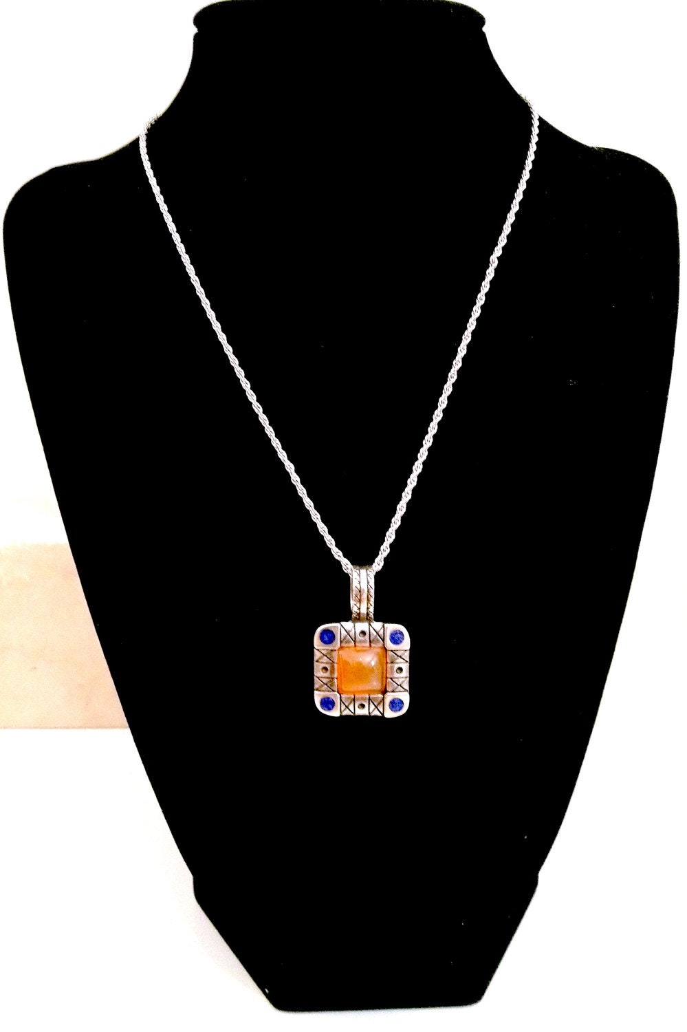 SALE ... RARE Glowing Sterling Peach Moonstone and Lapis Pendant/Necklace