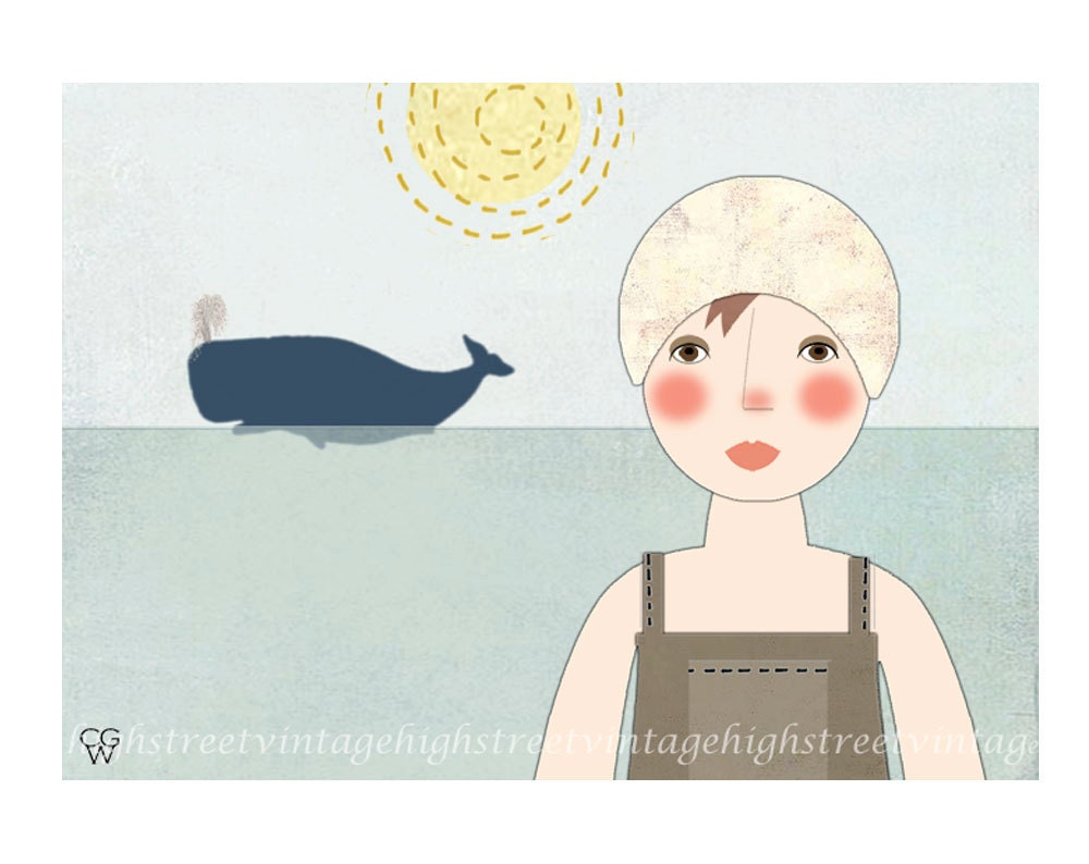 Folk Art Illustration - "Addy Goes Whale Watching" Beach Style Children's Wall Decor Print of My Original Digital Painting- 5x7
