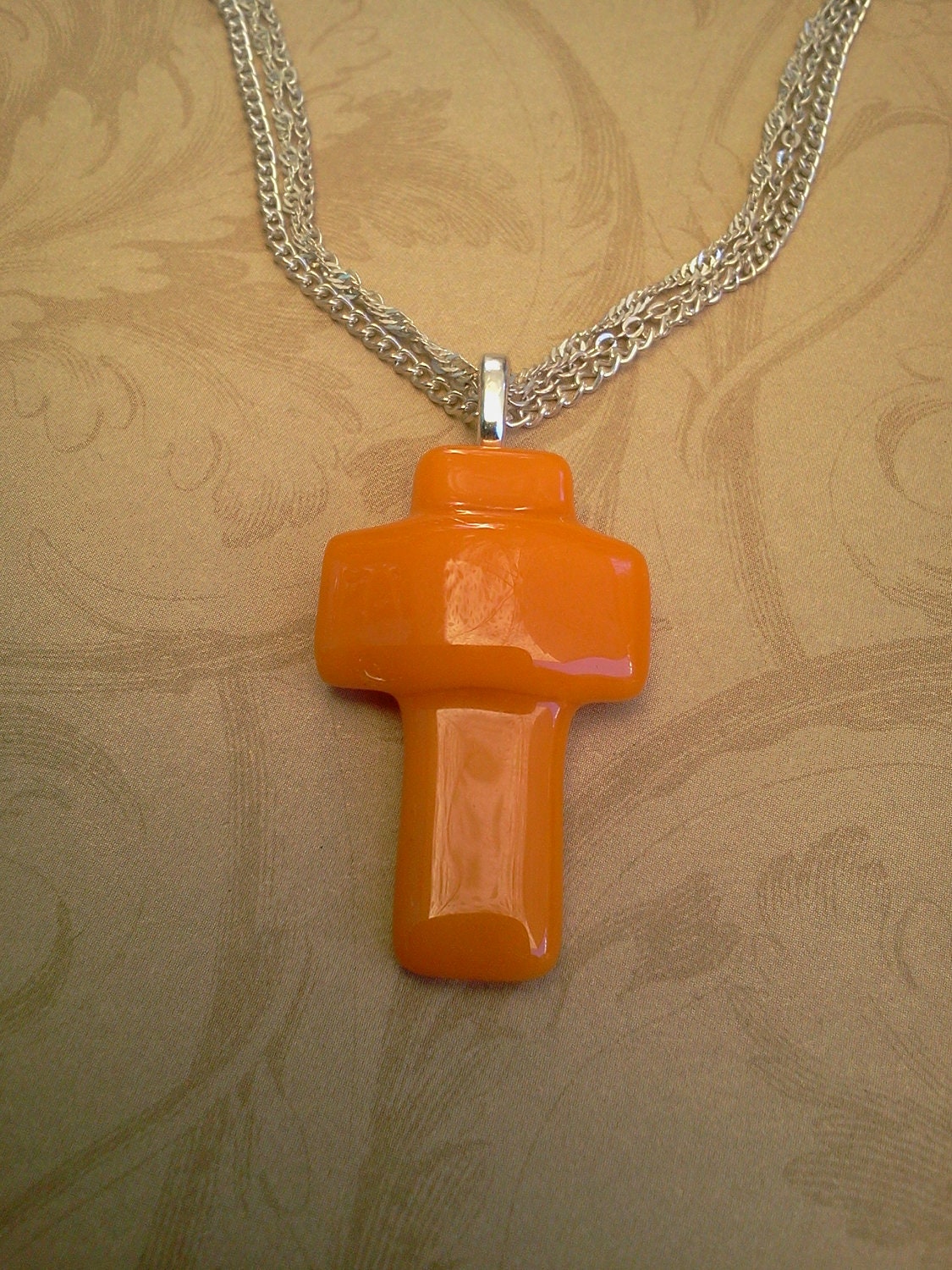 Fused Glass Cross Necklace in Orange SRAJD