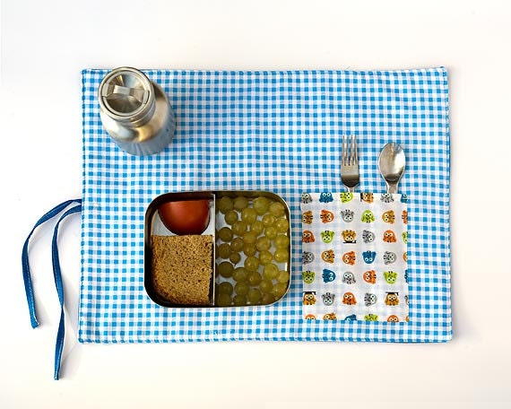 Organic Gingham Placemat in blue, Eco Friendly Child Travel Place mat, Child Birthday gift under 25