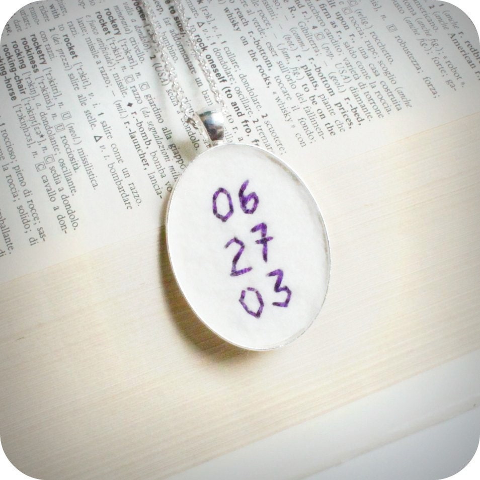 Save the Date Necklace hand embroidered white purple silver plated felt wedding anniversary