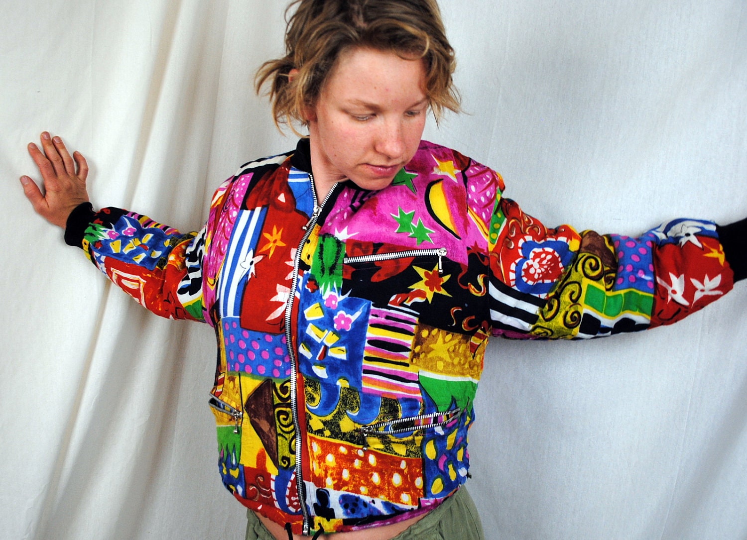 Vintage 80s Cropped Rainbow Geometric Jacket