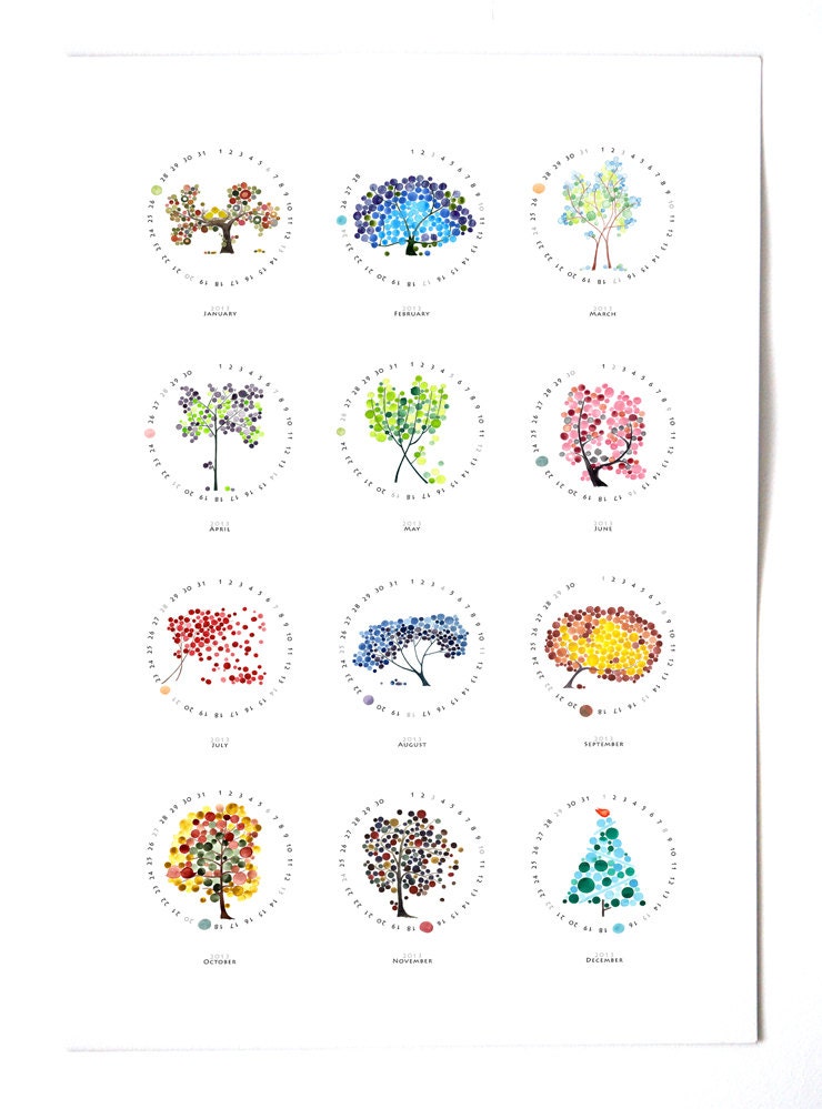 Holidays DIY Printable 2013 CALENDAR Love Birds and Trees of Life - Downloadable PDF wall art calendar gift, do it yourself print and cut