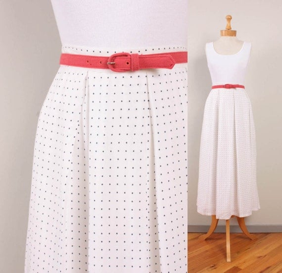 1980s Pleated Midi Skirt / Cream / Off White & Navy Blue Polka Dot Print Rayon - Womens M / L - High Waisted Long Flowy Polka Dots 80s Skir