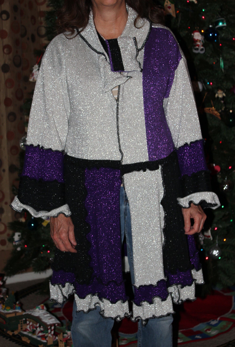 Upcycled Sweater Coat in Metallic Siver, Black and Purple. One of a Kind