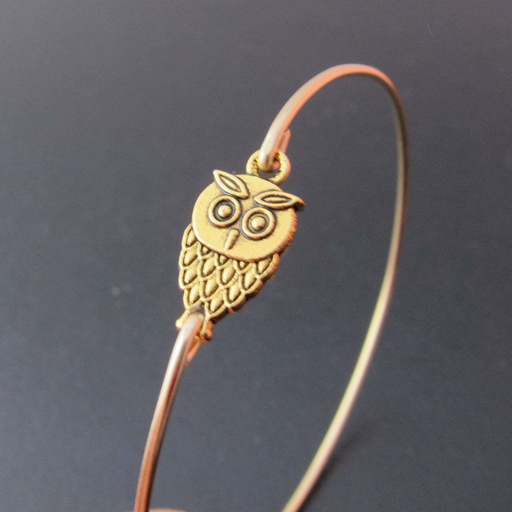 Gold Owl Bangle Bracelet, Gold Owl Bracelet, Gold Owl Jewelry, Gold Owl Charm Bracelet