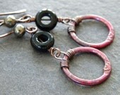 Red Black Copper Earrings Black Onyx Pyrite Rosy Red Copper Circle Link Artisan Jewelry