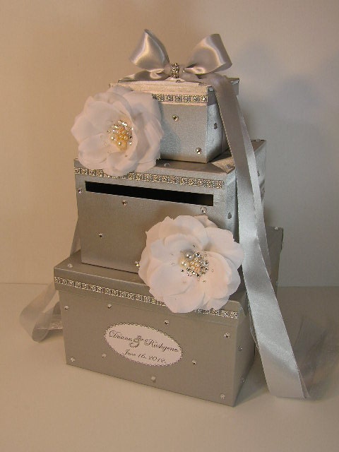 Silver  Wedding Card Box with handmade flowers and Swarovski Crystals/Pearls center Gift Card Box Money Box Holder -Customize your color