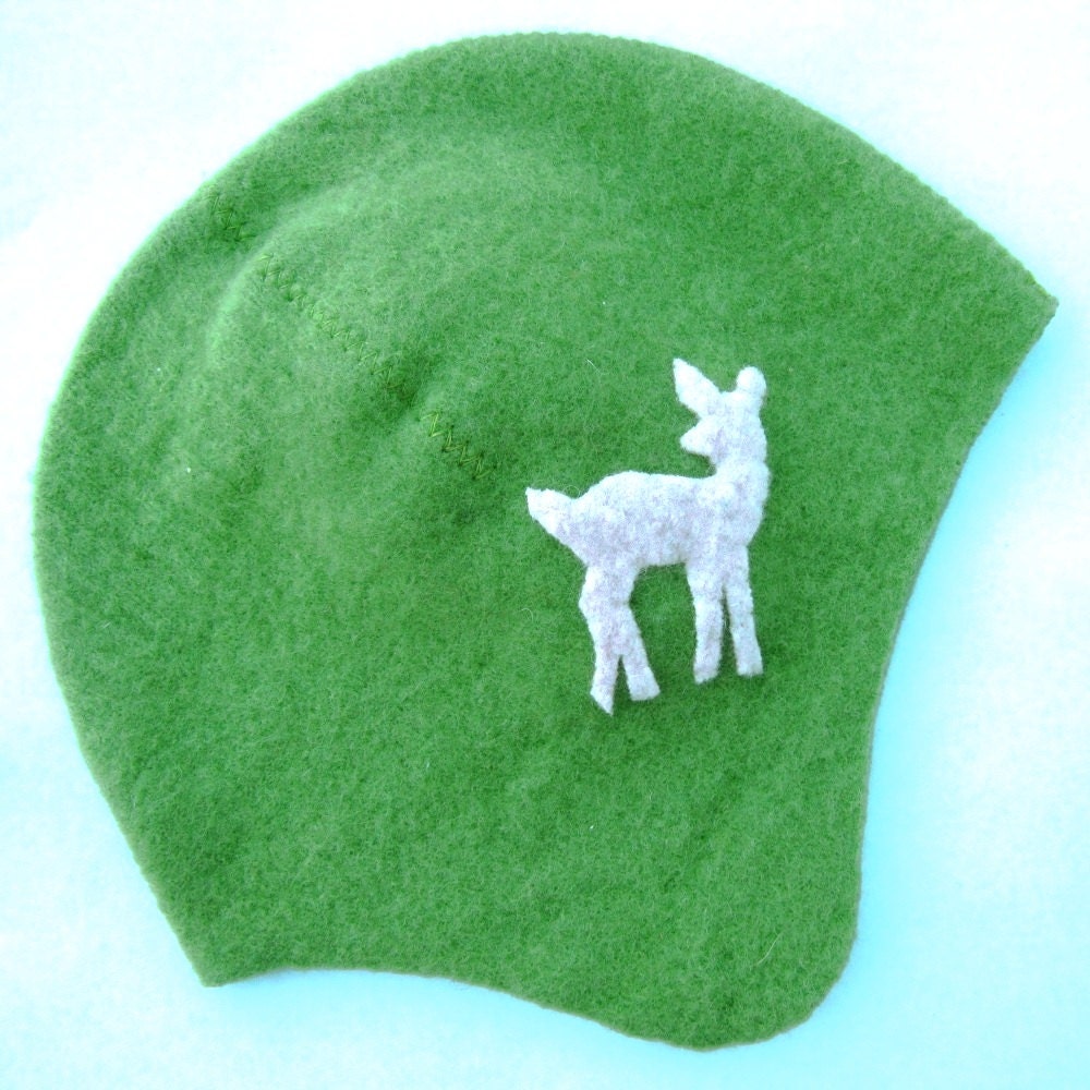 Upcycled Wool Baby Hat- Green with a White Deer, size 3 to 6 months