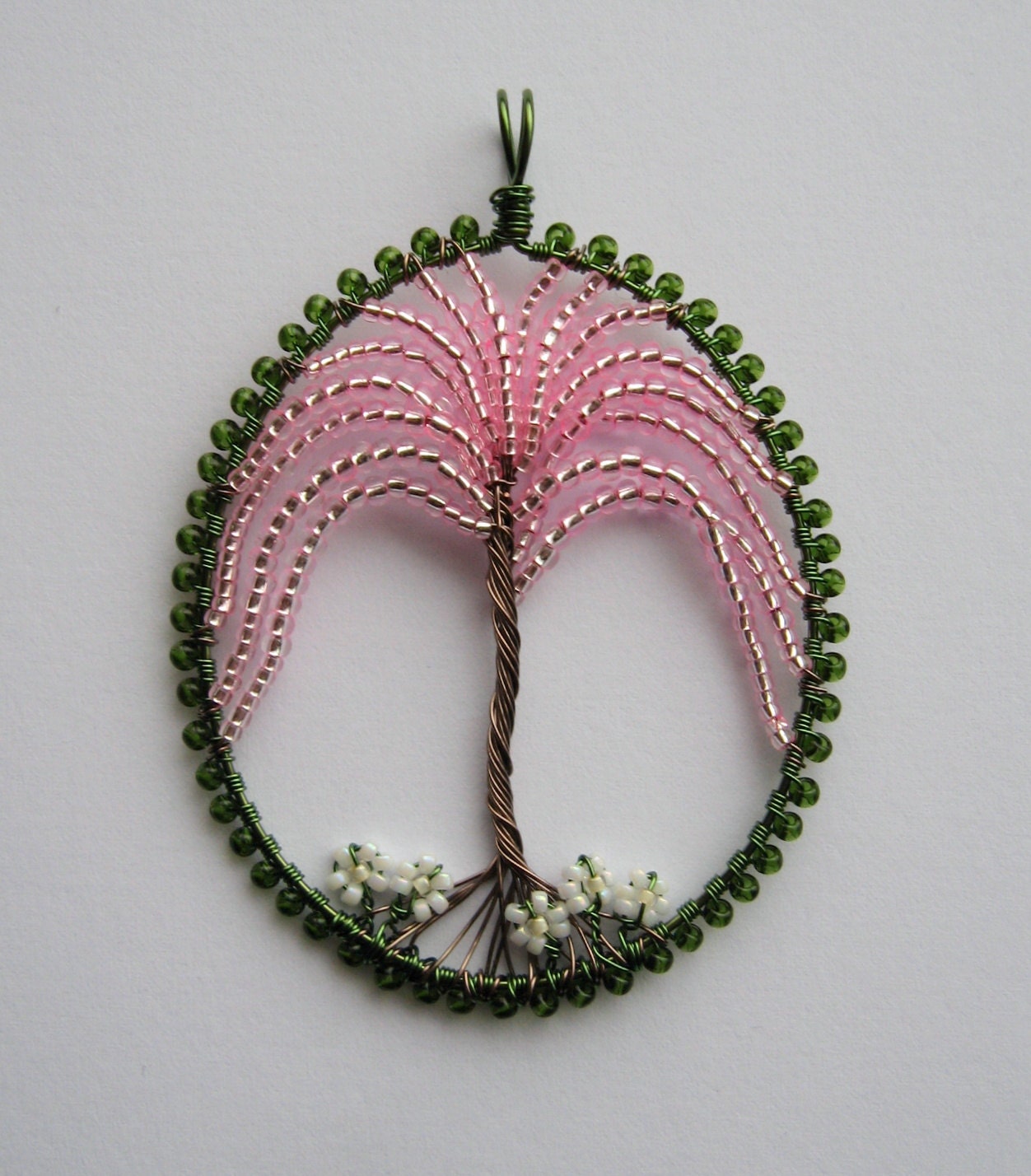 Weeping Cherry wire wrapped and beaded pendant