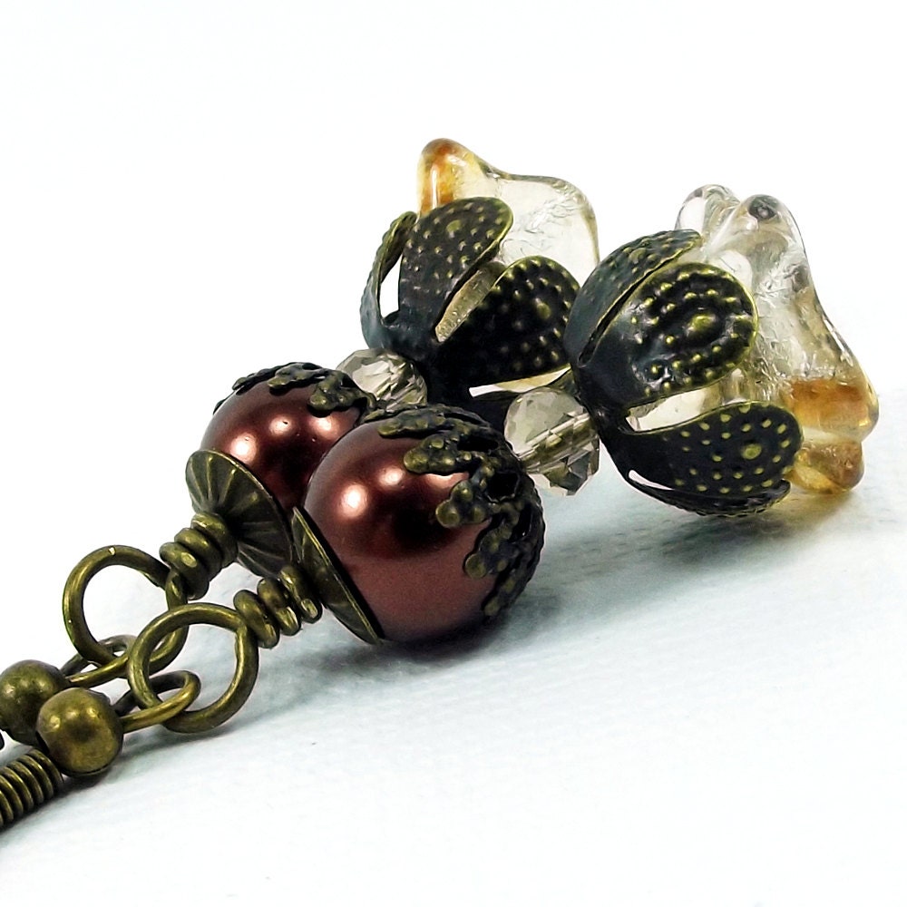 Vintage Style Handmade Gold Topaz Trumpet Flower Earrings & Bronze Glass Pearls