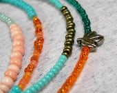 Beaded Bracelet Seed Bead Friendship bracelet Tangerine Orange and Teal Layer with Leaf - CarolEJewelry