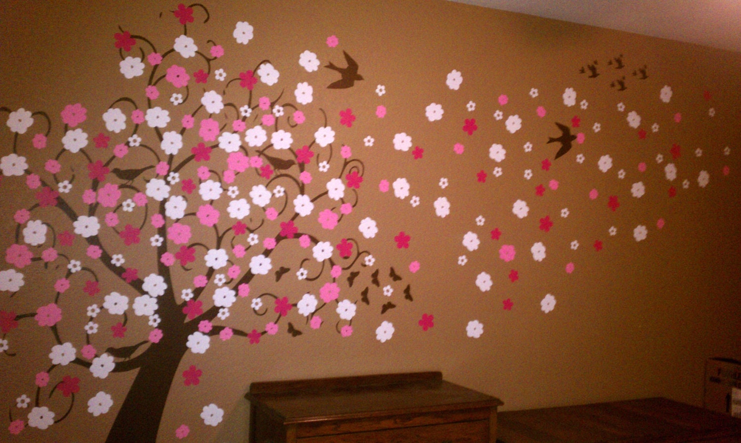 Vinyl Wall Art decal sticker, tree with birds, butterflies, and flowers