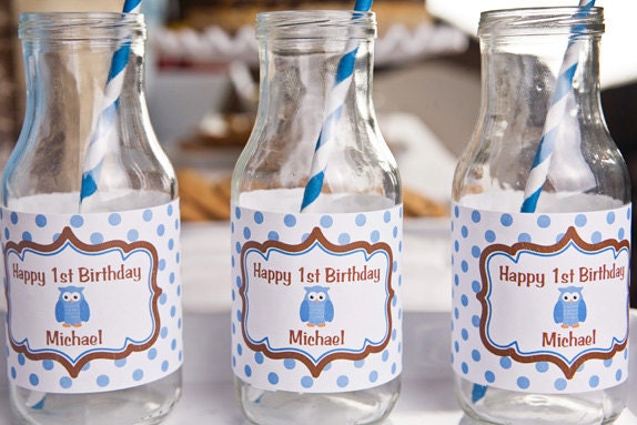 Owl Themed Water Bottle Labels - Owl Birthday Party Decorations in Blue and Brown - Owl Boy Birthday Party (12) Il_570xn