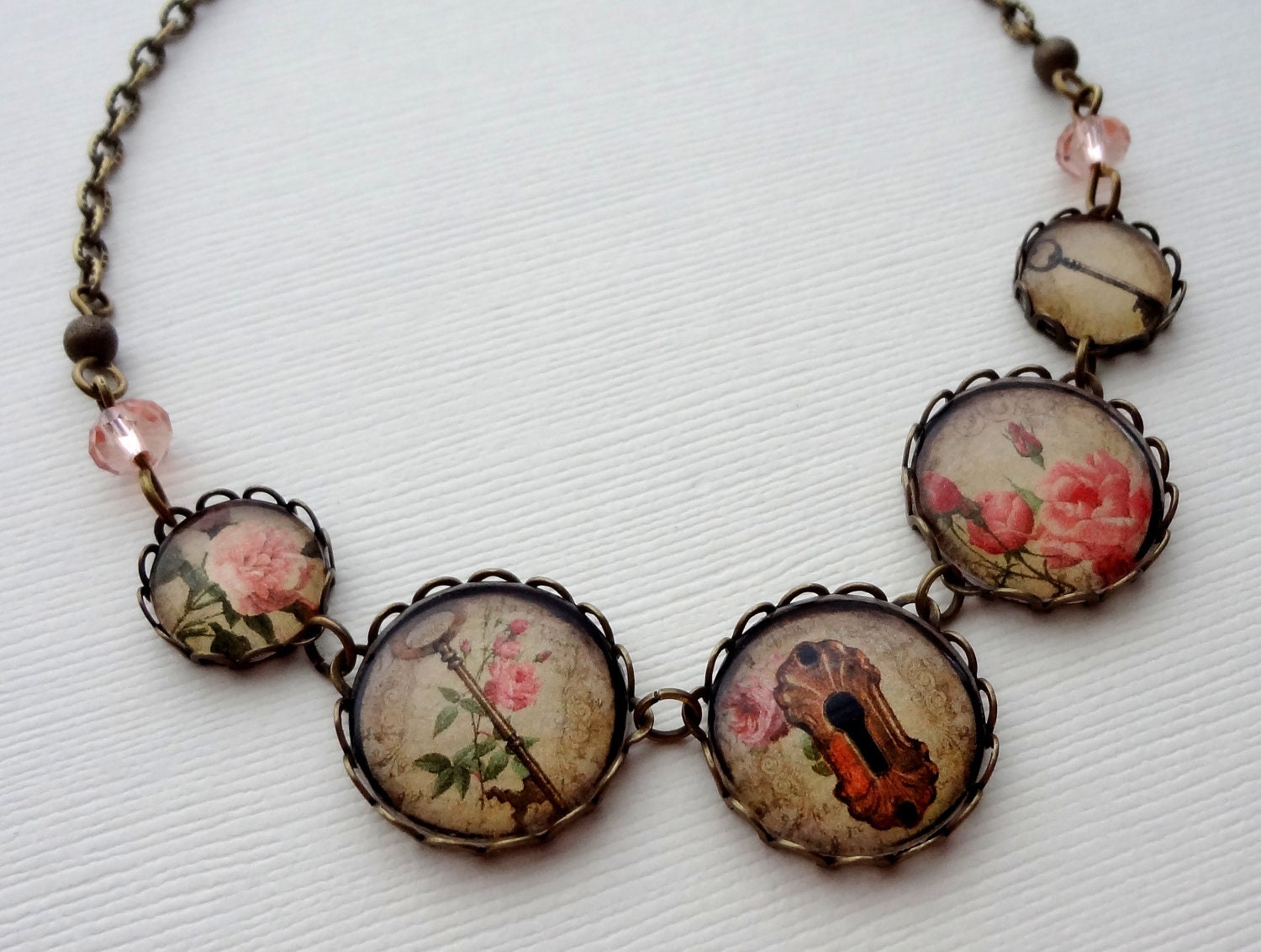 SHOP SALE- Pink and Brown Vintage Lock and Key Statement Necklace. Skeleton Key. Roses. Gift for her under 40 usd.