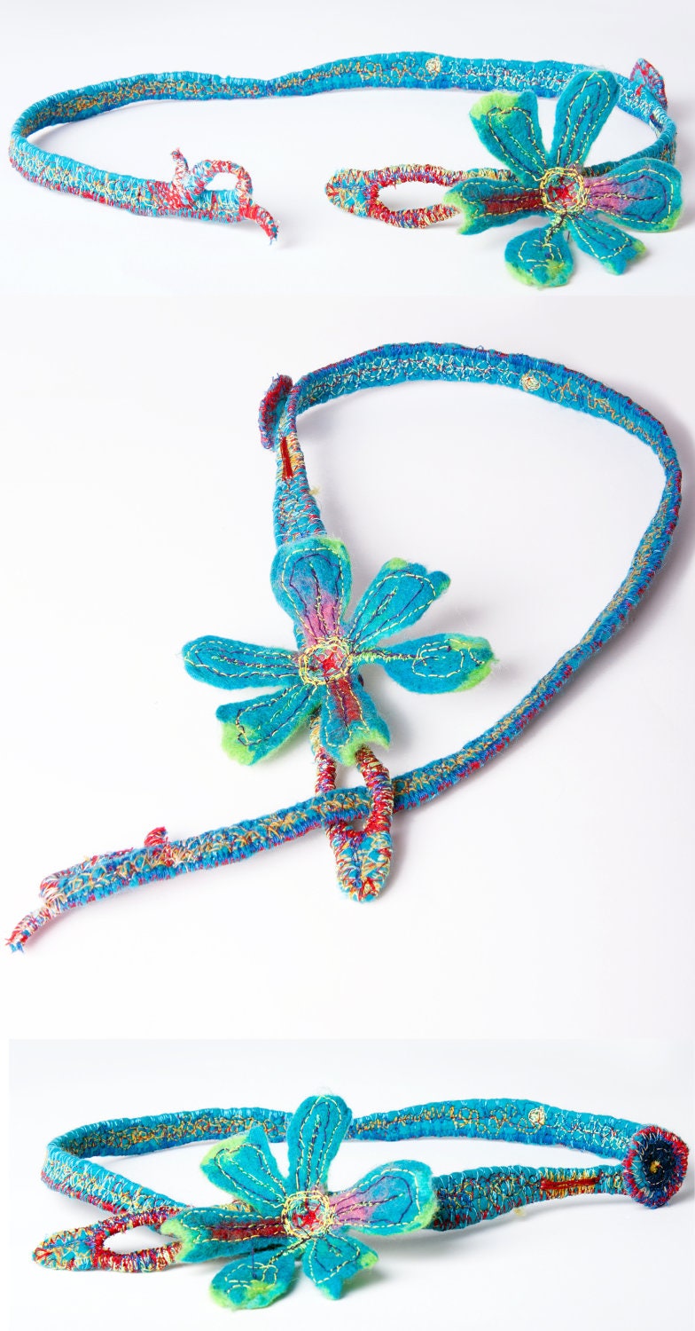felt necklace, embroidered felt  flower neckpiece, felted  fiber art ,  convertible bracelet hairband, everyday art  handmade France