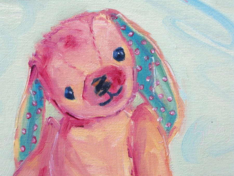 Dreamer, 6 x 8 oil on canvas board painting by Yvonne Wagner. Bunny, toy rabbit, toy bunny. Nursery art.