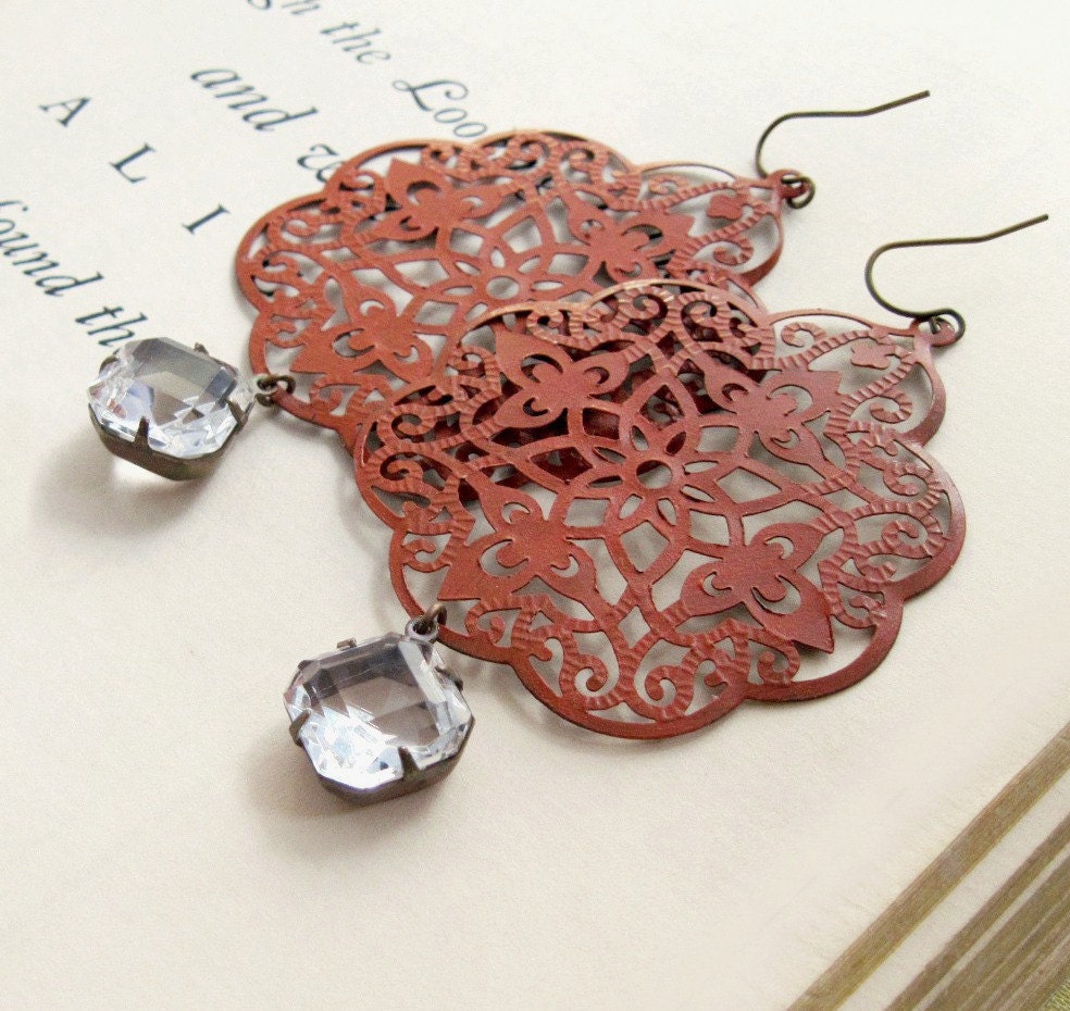 Pumpkin Earrings Filigree Earrings Lace Earrings Rhinestone Earrings Boho Earrings Vintage Glass Autumn Rustic - Pumpkin Spice