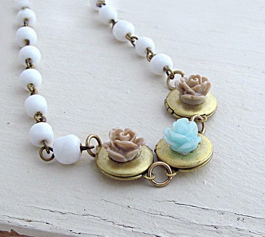 Flower Locket Necklace Mint Rose Necklace Triple Locket Necklace Family Necklace White Beaded Chain Wedding Bride - Keepsake Garden