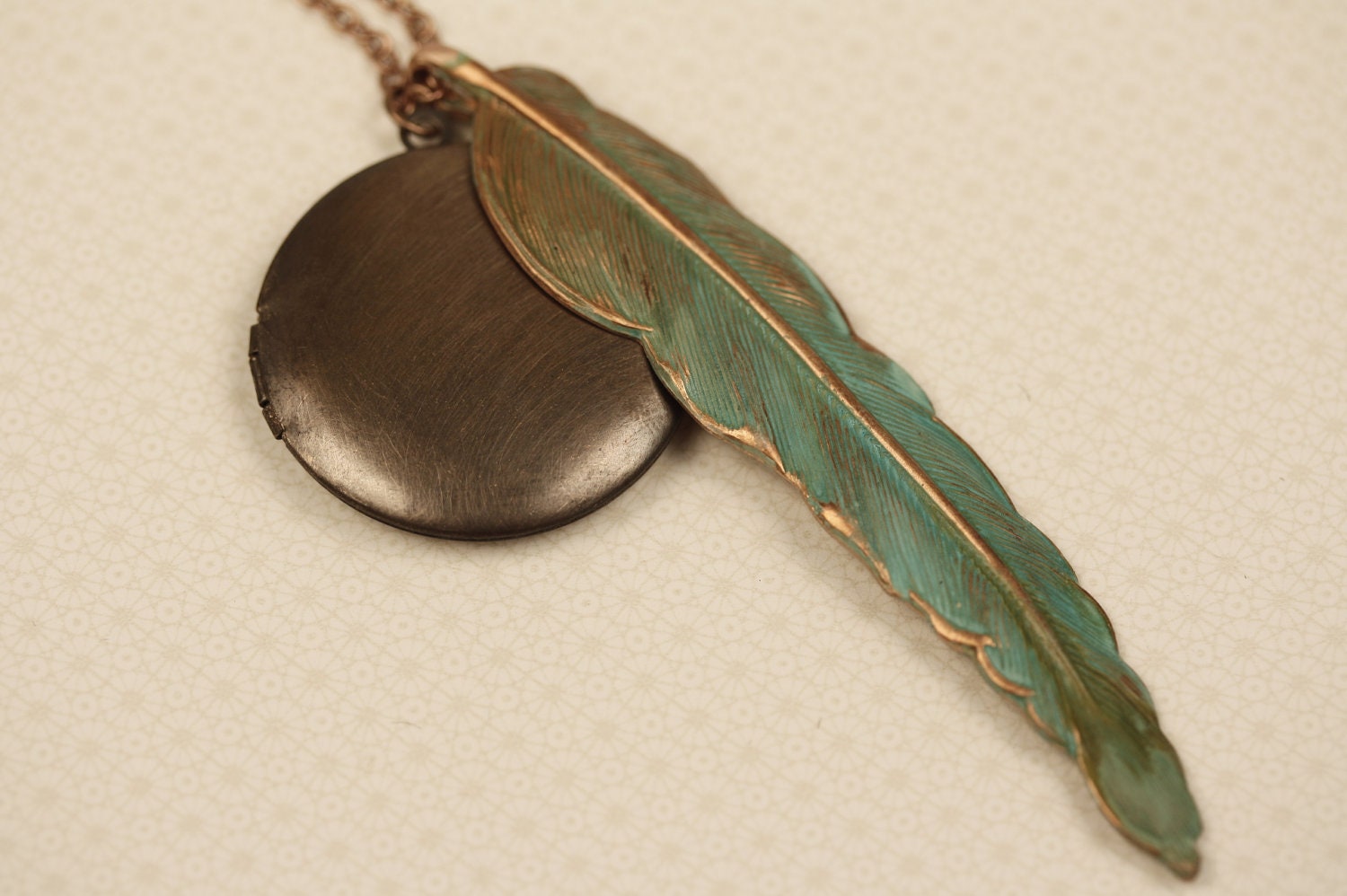 Vintage Dark Locket and Blue Feather Necklace, Long Chain, Round Pendant, Large, Bright Metal Peacock