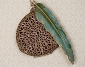 Filigree Shield Locket Necklace with Blue Feather, Large Long Vintage Silhouette, Peacock Pendant, Floral Vines, Raw Brass Chain