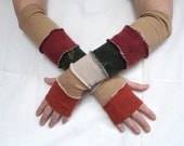 Gloves Mittens Fingerless Arm Warmers Sleeves Recycled Clothing Brick Beige Green  Winter Fashion Upcycled Clothing