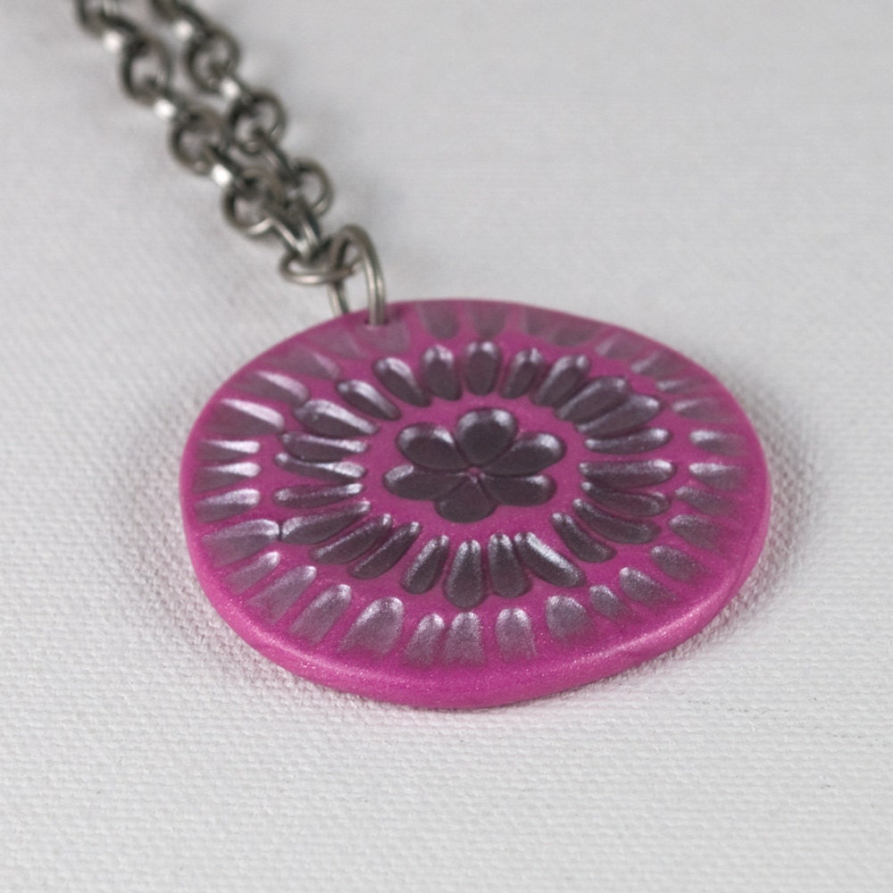 Handmade Pink Necklace Handcrafted Colorful Medallion Necklace with Antique Silver Chain