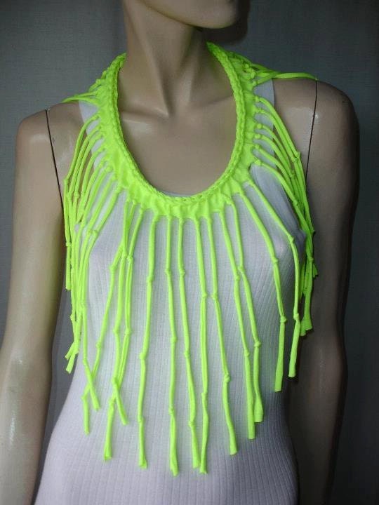 womens shredded braided fringe recycled neon tshirt necklace , upcycled jersey necklace. tshirt scarf. neon yellow