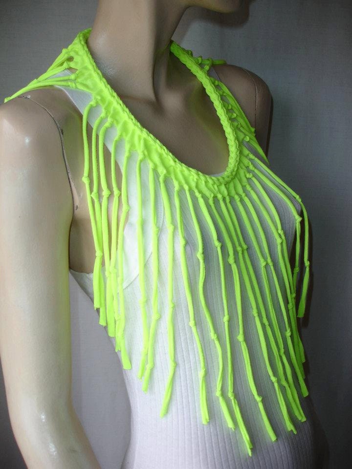 womens shredded braided fringe recycled neon tshirt necklace , upcycled jersey necklace. tshirt scarf. neon yellow