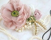 Bridal Headband Head Piece Fascinator in Dusty Rose, Olive Green and Ivory with Pearls, Jewels and Vintage Brooch