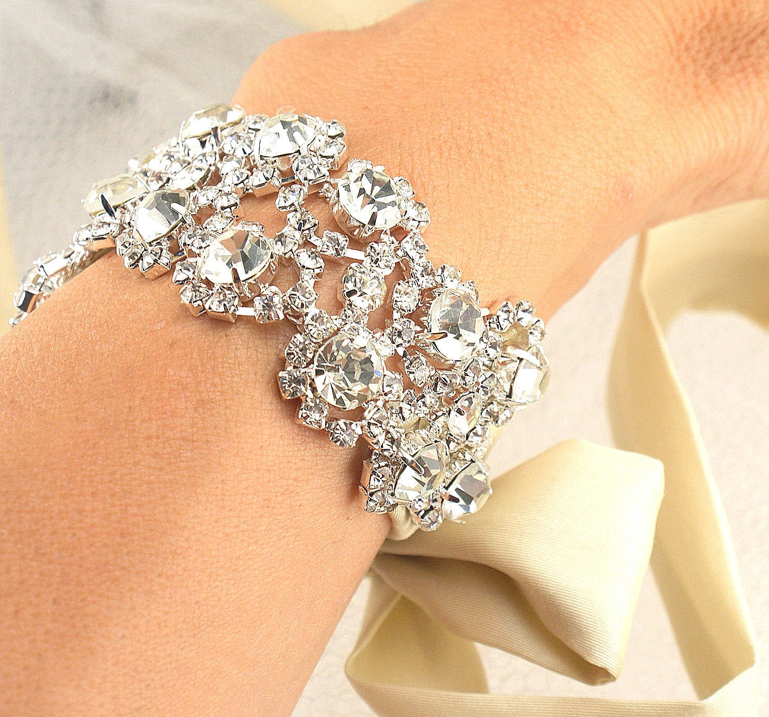 Bridal Cuff Crystal Bracelet / Bridal Headband with Champagne Dupioni Silk Band