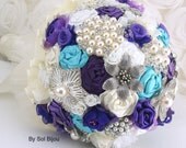 Bridal Brooch Bouquet Wedding Bouquet Jeweled Bouquet in Purple, Turquoise, White and Ivory