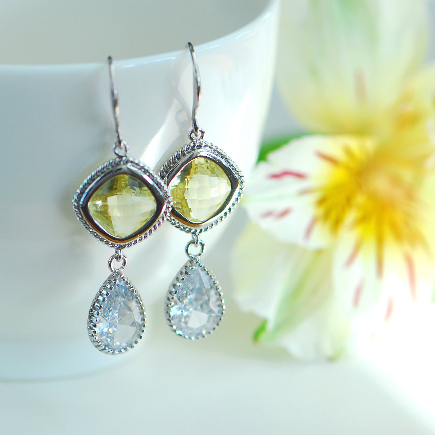 Yellow crystal earrings, Yellow grey wedding, Yellow diamond earrings, Fancy yellow diamond earrings, gray yellow earrings