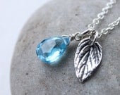 Sky Blue Topaz and Leaf Charm Necklace - December Birthstone Necklace - Silver