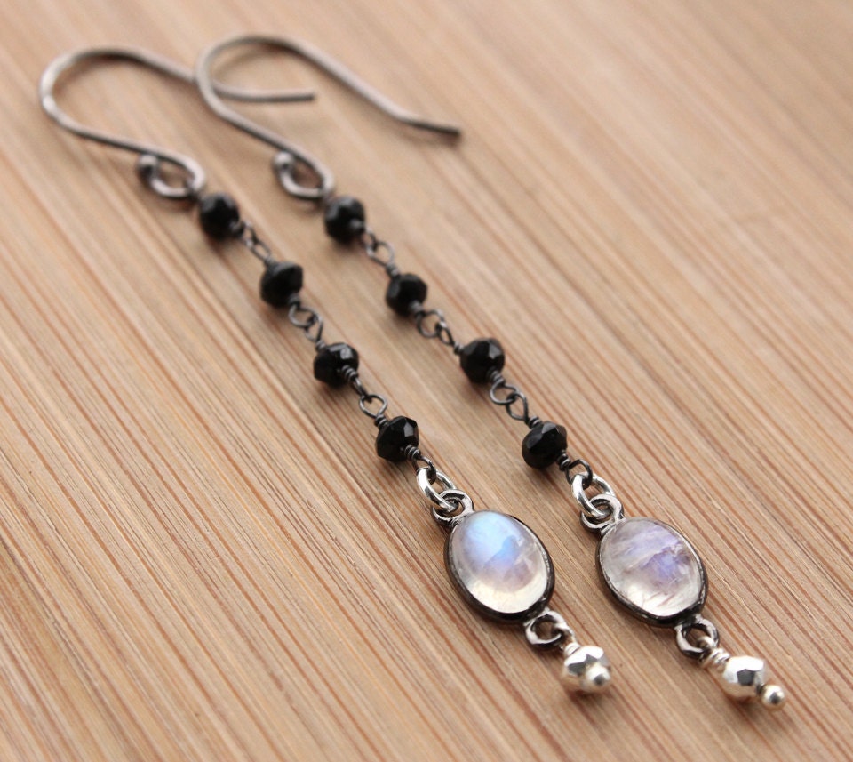 Black Spinel, Rainbow Moonstone and Silver Pyrite Earrings